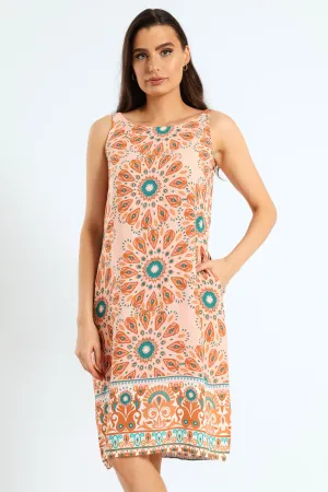 Printed Shift Mini Dress With Border & Pockets - Multi