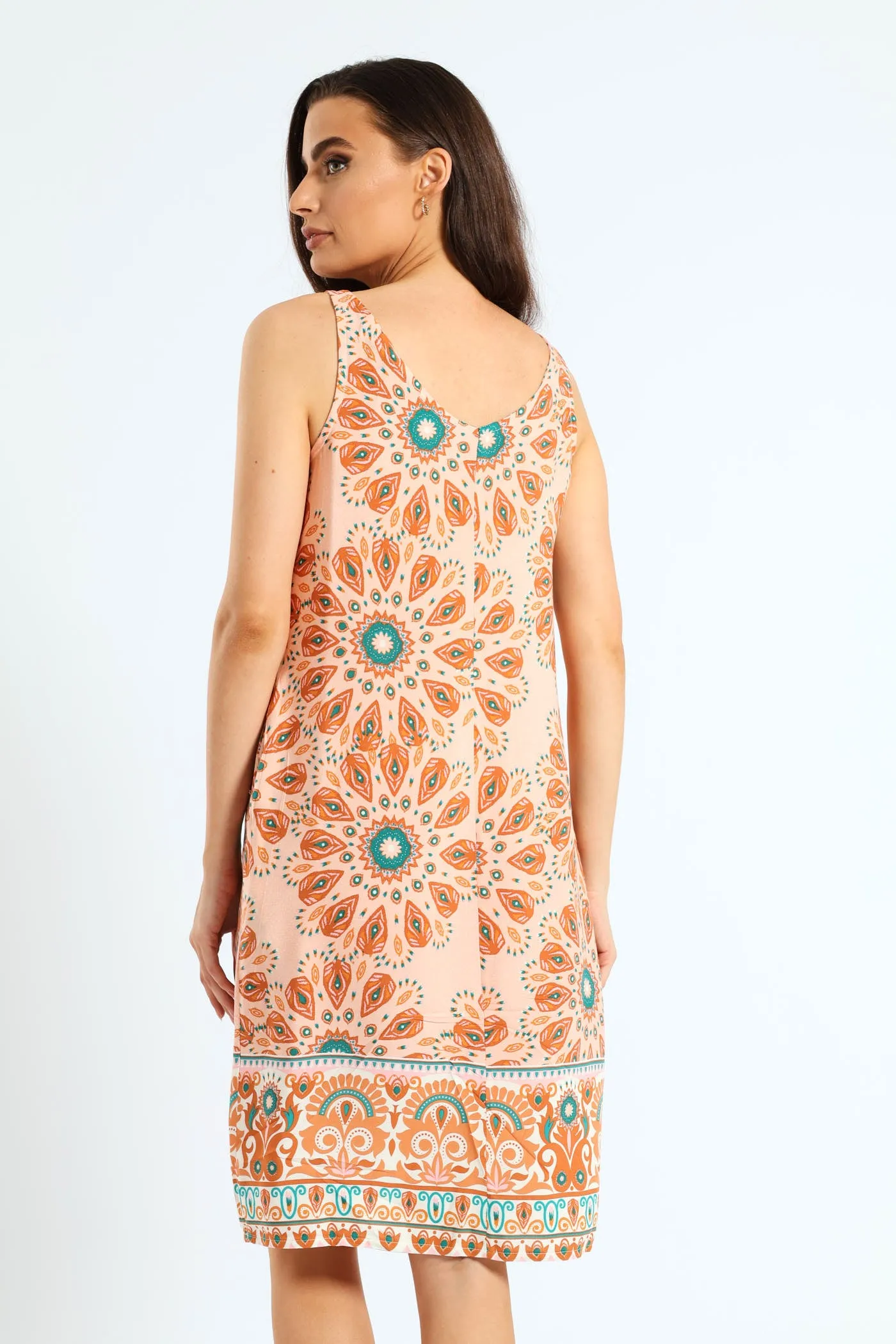 Printed Shift Mini Dress With Border & Pockets - Multi