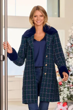 Removable Faux-Fur Trim Tweed Jacket Navy Multi