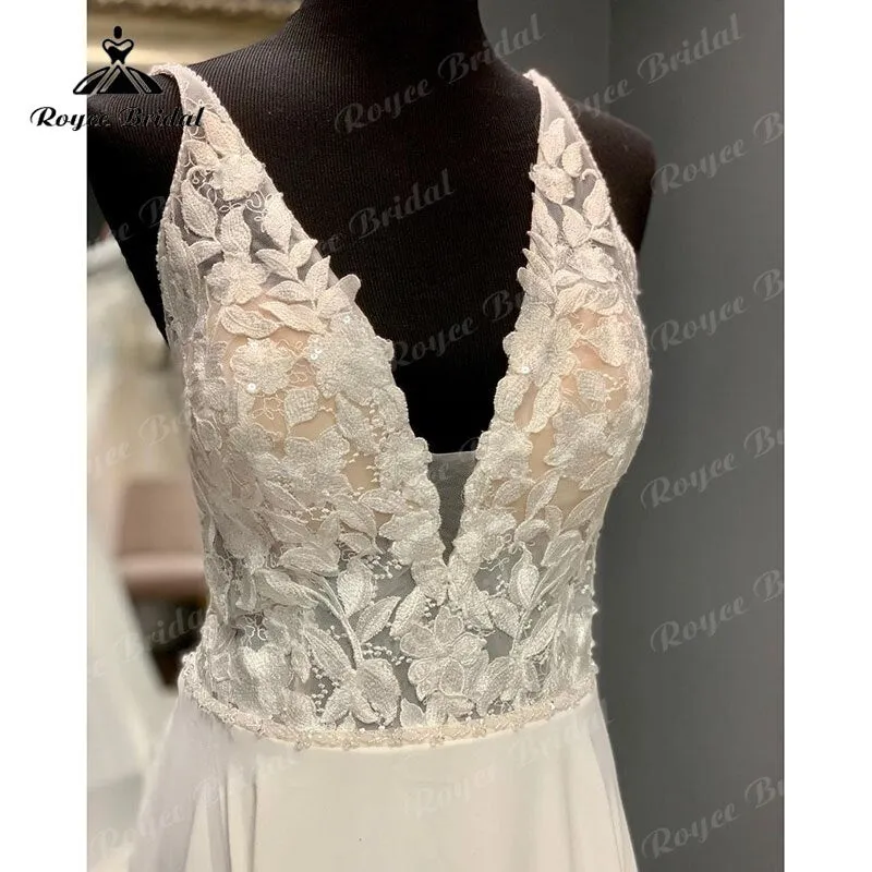 Roycebridal BRIDE,BRIDE EXPLORE All Wedding Dresses,BRIDE EXPLORE Custom Wedding Dresses 👗,BRIDE EXPLORE Plus SizeV Neck Lace Appliques Open Back Sleeveless A Line Boho Wedding Dress 2025 Vestidos Civil Bridal Gown Custom Made Elegant 2025