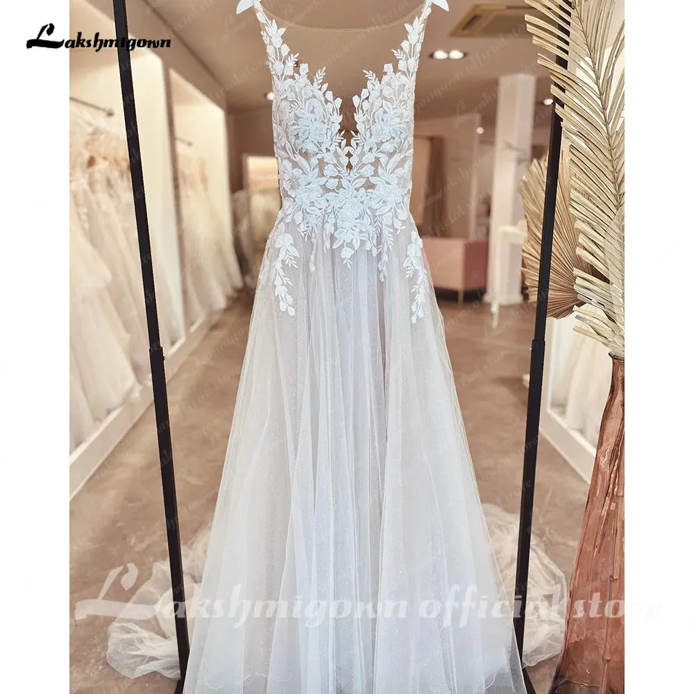 Roycebridal Illusion Wedding Dress Sleeveless Backless O-Neck Bride Dress See Through Appliques Formal Robe de marie