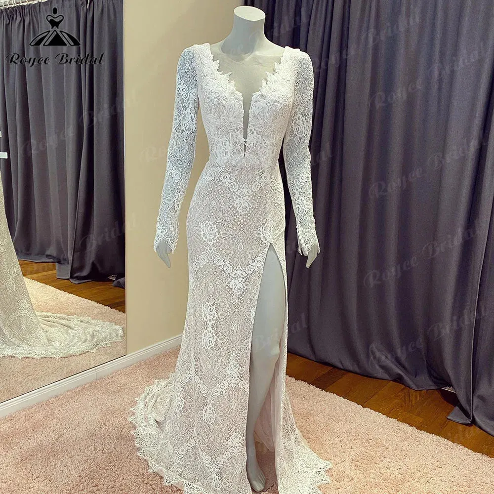 Roycebridal Vintage Lace Long Sleeve Split Side Women Mermaid Wedding Dress with V Neck  Chic Bridal Gown Robe de mariee Roycebridal