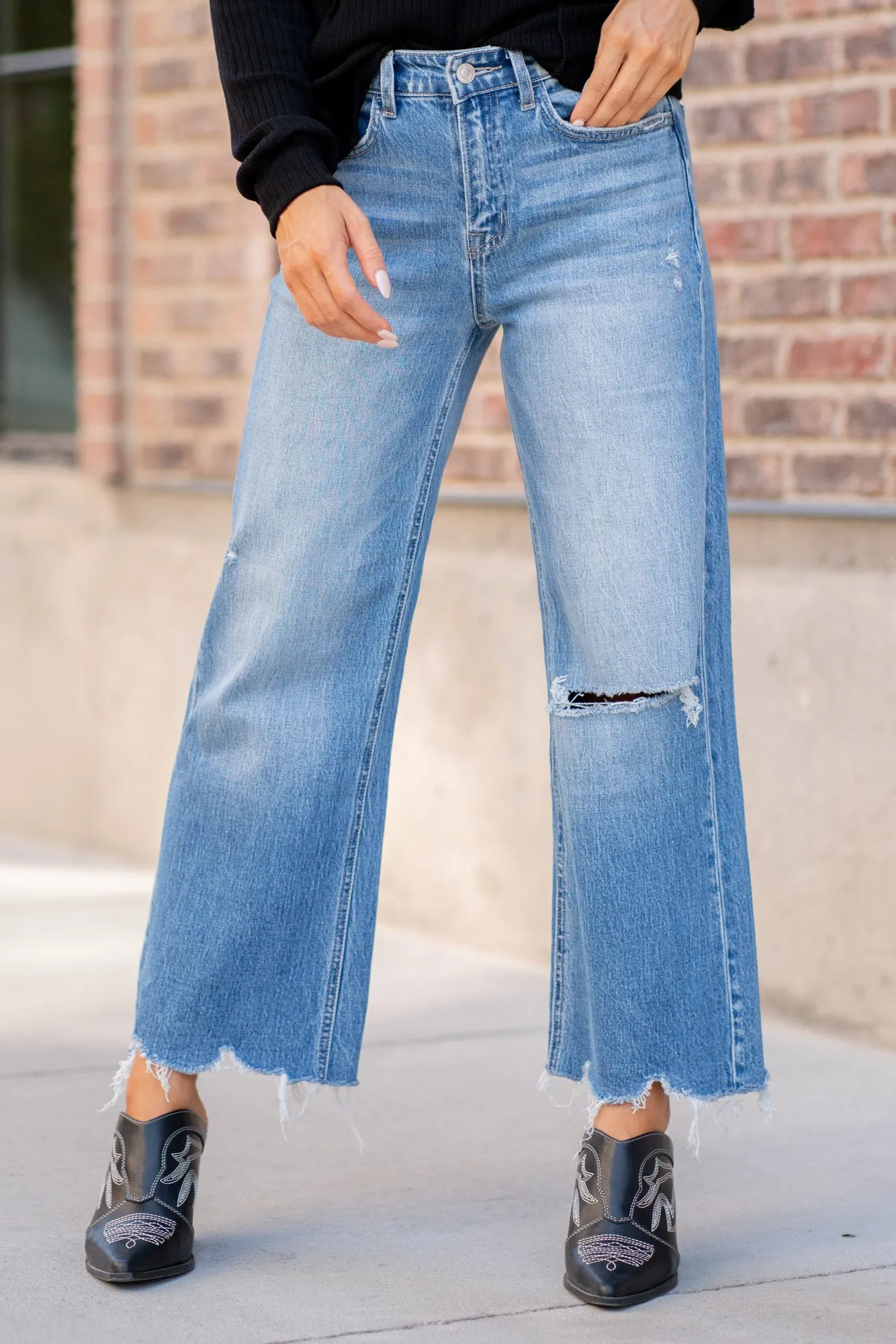 Sapphire Dragon High Rise Distressed Crop Wide Leg