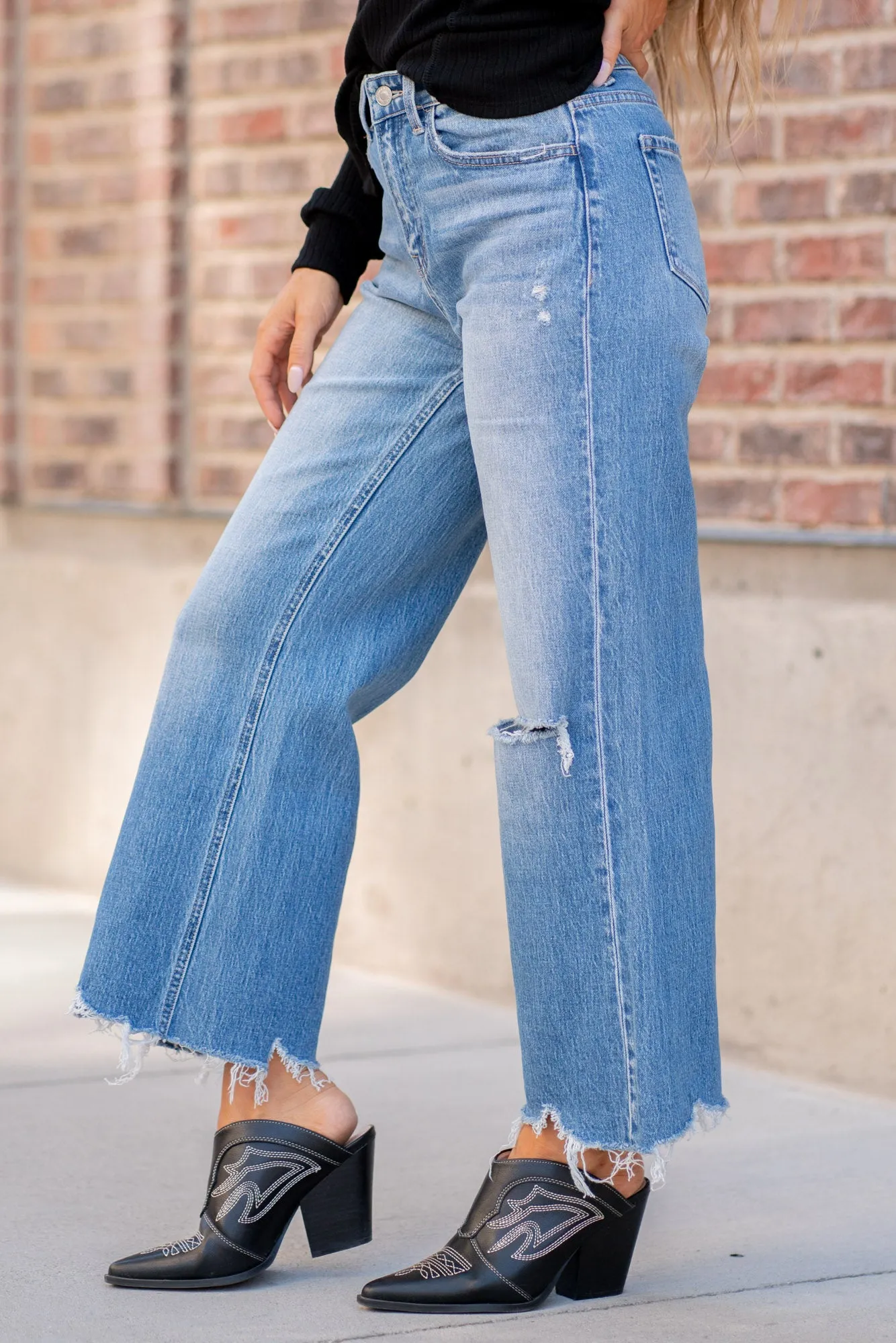 Sapphire Dragon High Rise Distressed Crop Wide Leg