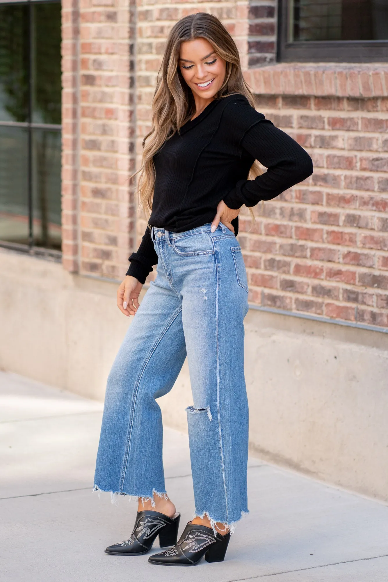 Sapphire Dragon High Rise Distressed Crop Wide Leg