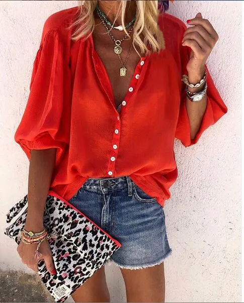 Schoensten Long sleeve V-neck button blouses