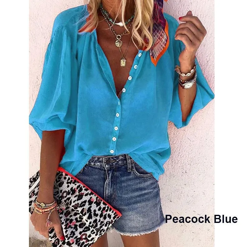 Schoensten Long sleeve V-neck button blouses