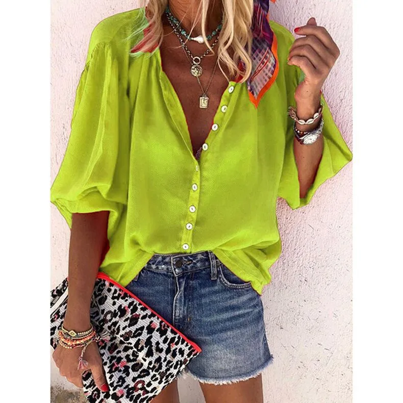 Schoensten Long sleeve V-neck button blouses