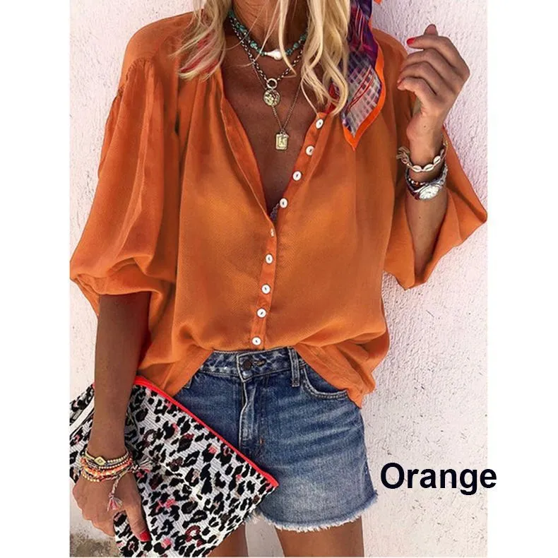 Schoensten Long sleeve V-neck button blouses