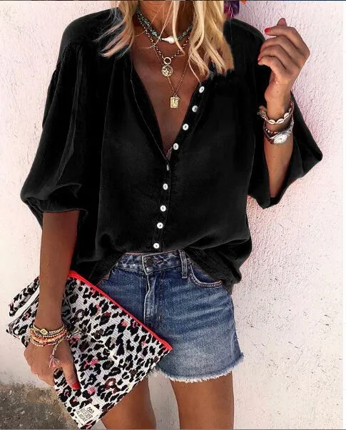 Schoensten Long sleeve V-neck button blouses