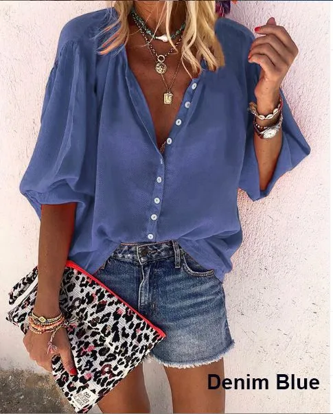 Schoensten Long sleeve V-neck button blouses
