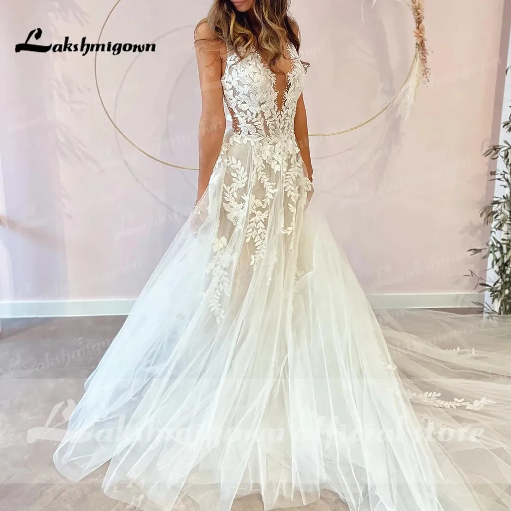 Sexy A-Line Backless Wedding Dress  Vintage Lace Applique Beaded Off White Tulle Wedding Gowns Trouwjurk Long Bridal Dress