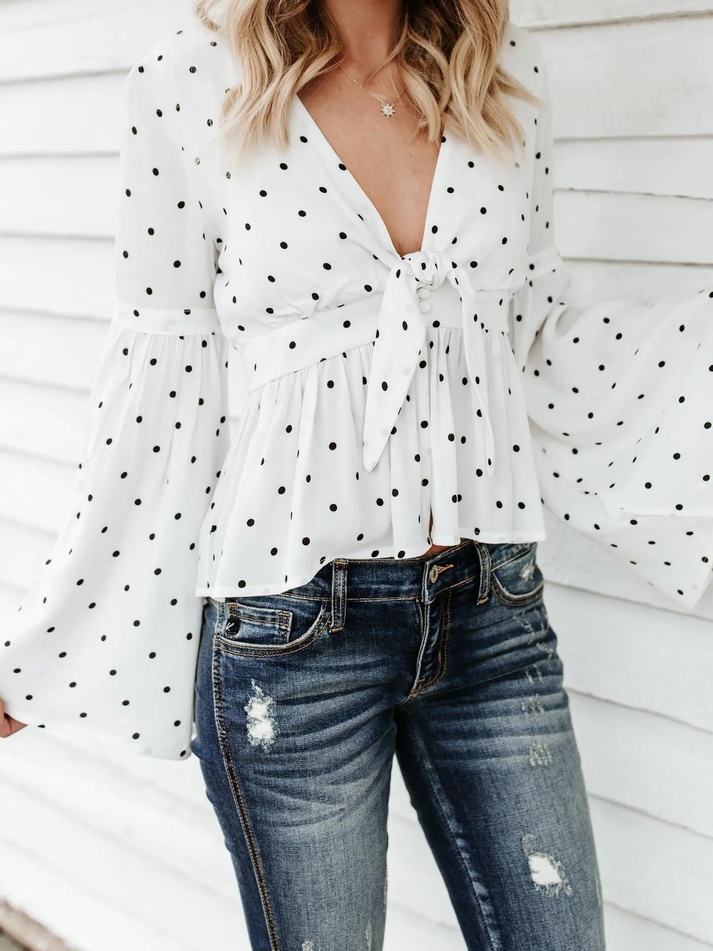 Sexy Deep V Butterfly Sleeve Polka Dot Shirt