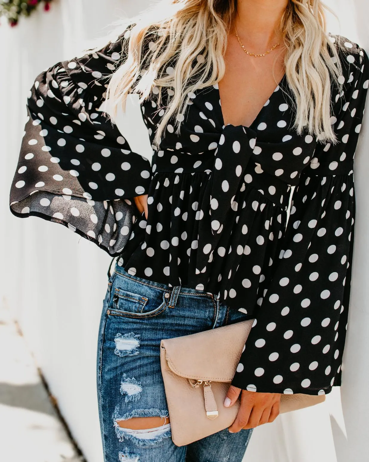 Sexy Deep V Butterfly Sleeve Polka Dot Shirt