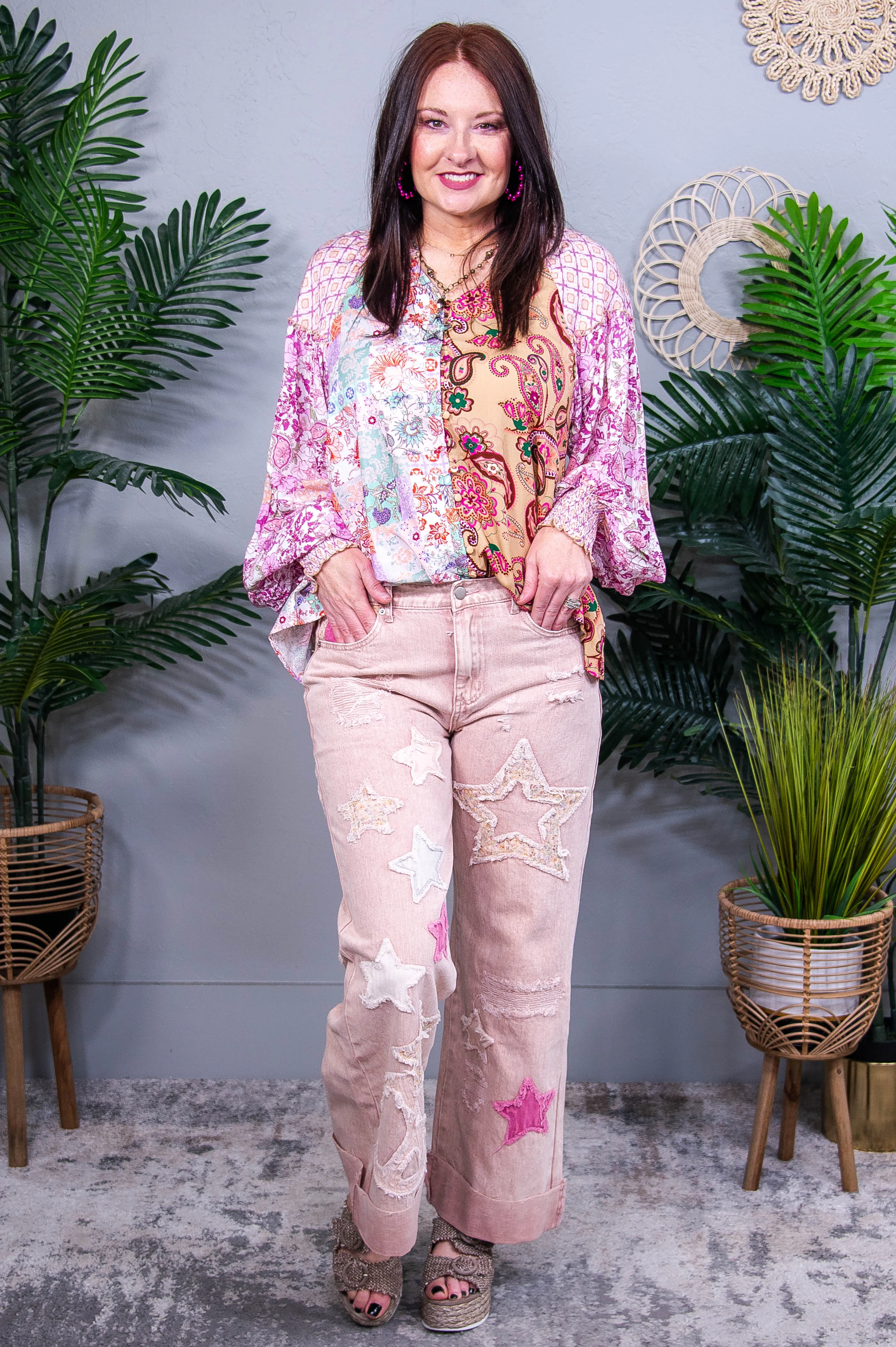 She's A Supernova Vintage Pink Star/Peace Sign Printed Jeans - K1282VPK