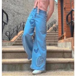 Social Tourist Ultra High Rise Baggy Jeans Wide Leg Denim Heart Patches