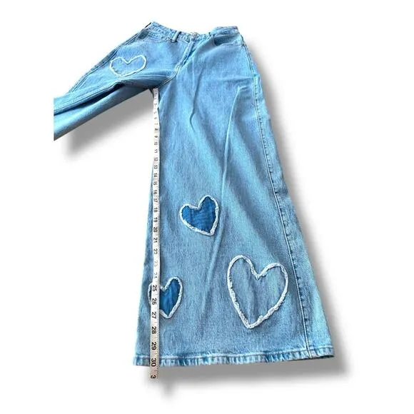 Social Tourist Ultra High Rise Baggy Jeans Wide Leg Denim Heart Patches