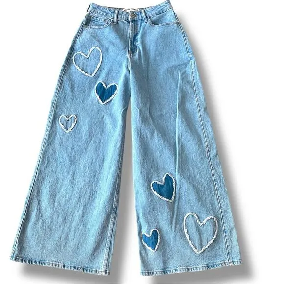 Social Tourist Ultra High Rise Baggy Jeans Wide Leg Denim Heart Patches