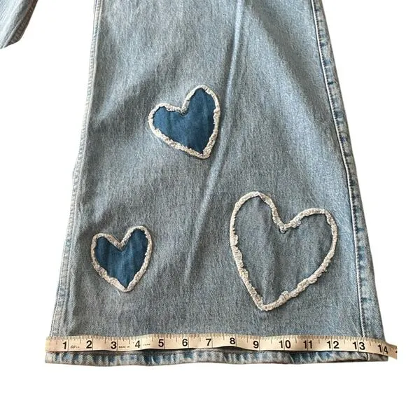 Social Tourist Ultra High Rise Baggy Jeans Wide Leg Denim Heart Patches