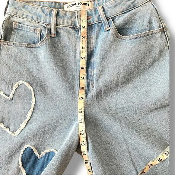 Social Tourist Ultra High Rise Baggy Jeans Wide Leg Denim Heart Patches