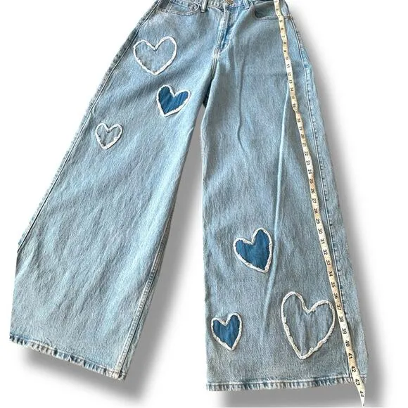 Social Tourist Ultra High Rise Baggy Jeans Wide Leg Denim Heart Patches