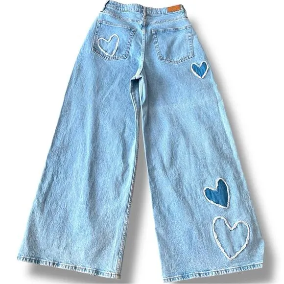 Social Tourist Ultra High Rise Baggy Jeans Wide Leg Denim Heart Patches
