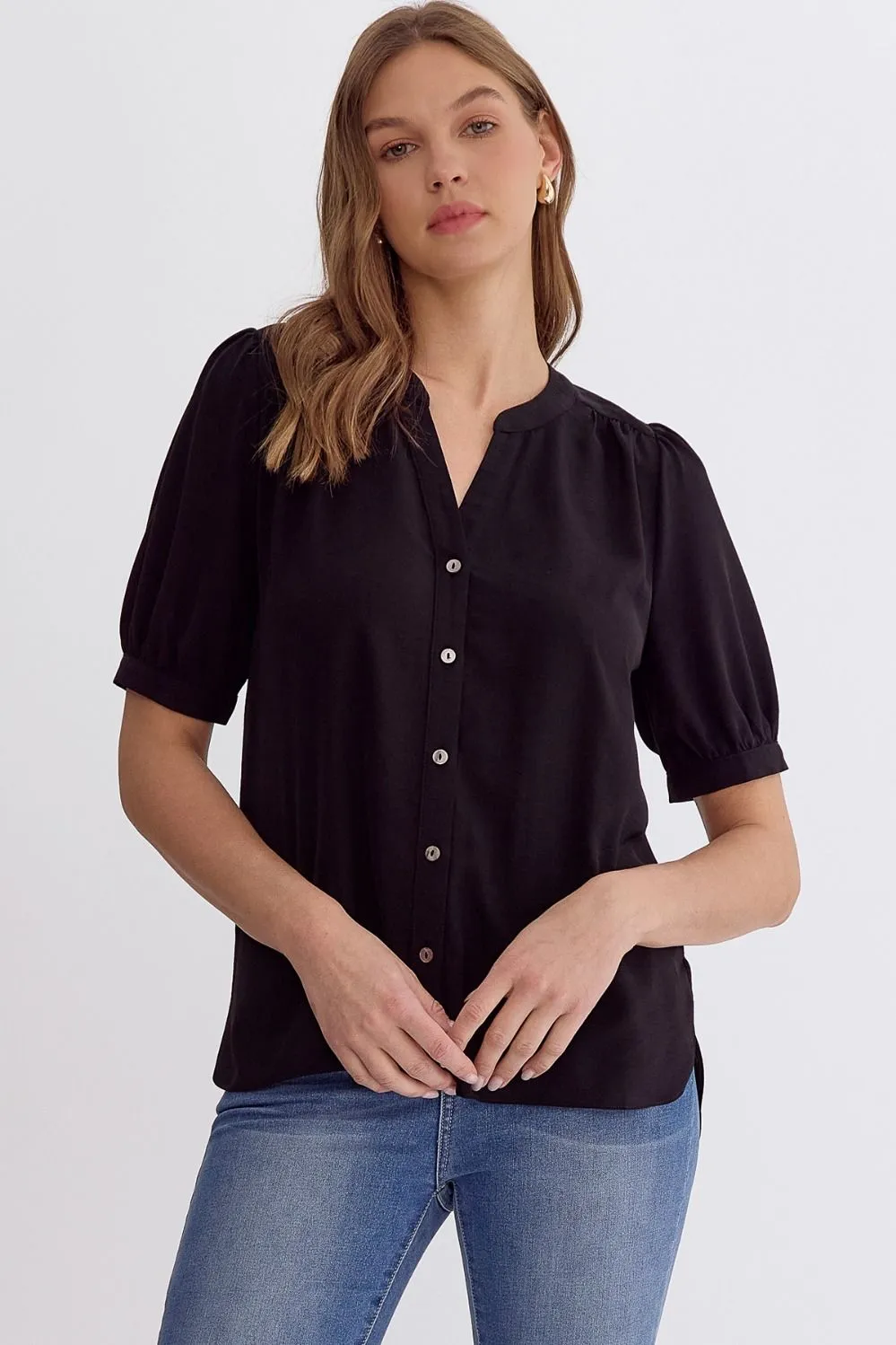 Solid V-Neck Button up Shirt