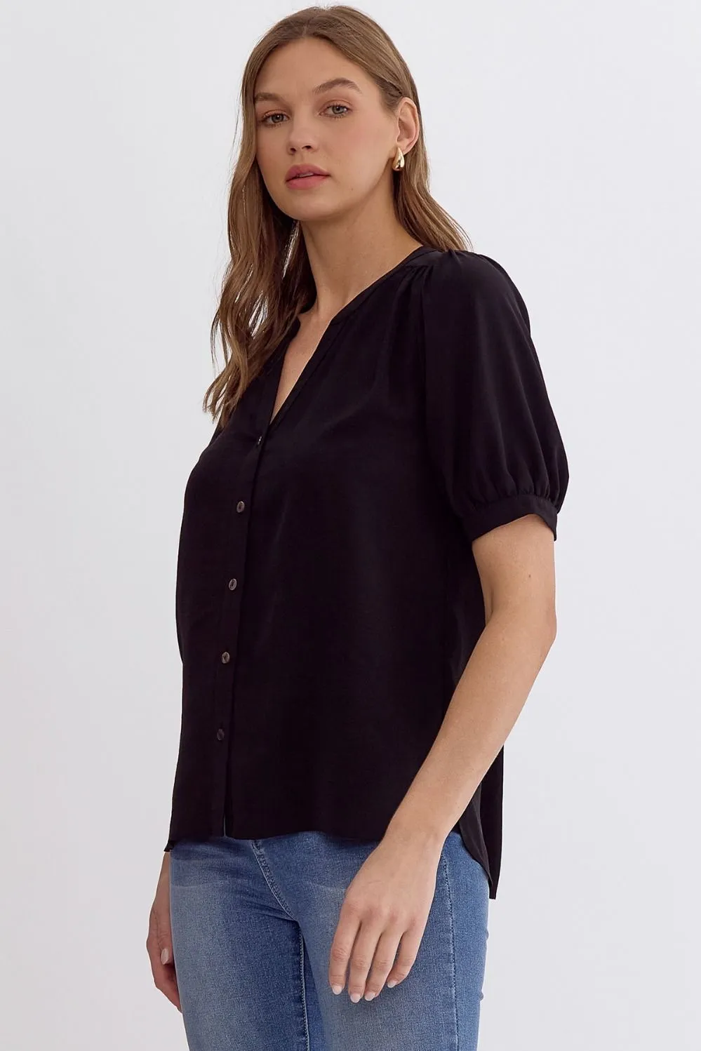 Solid V-Neck Button up Shirt