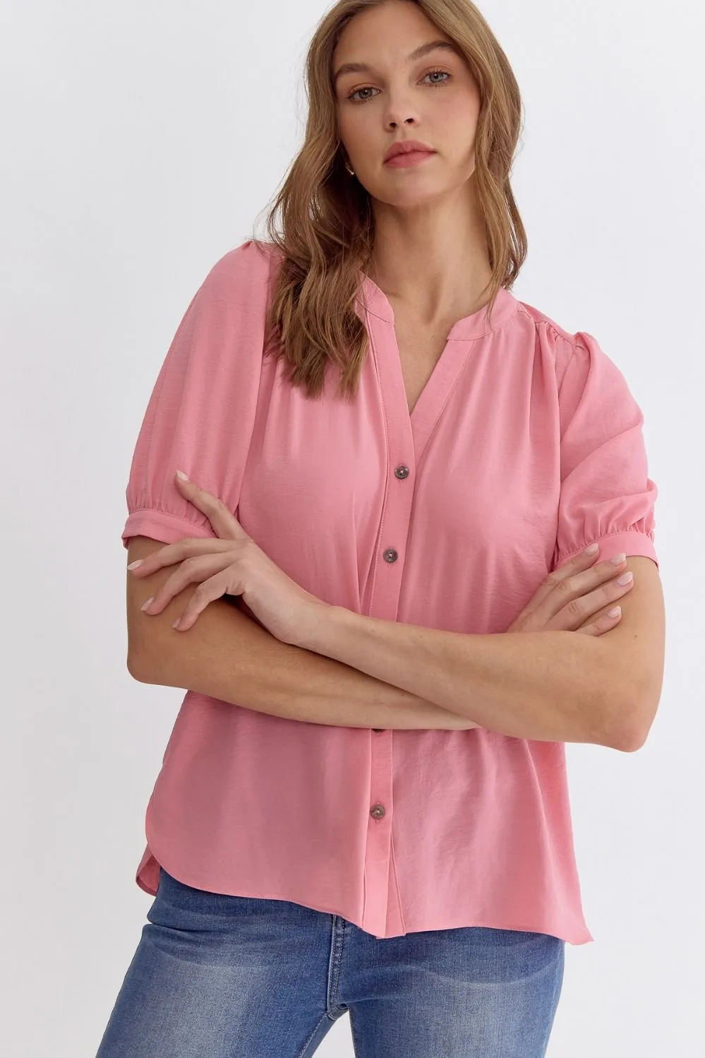 Solid V-Neck Button up Shirt
