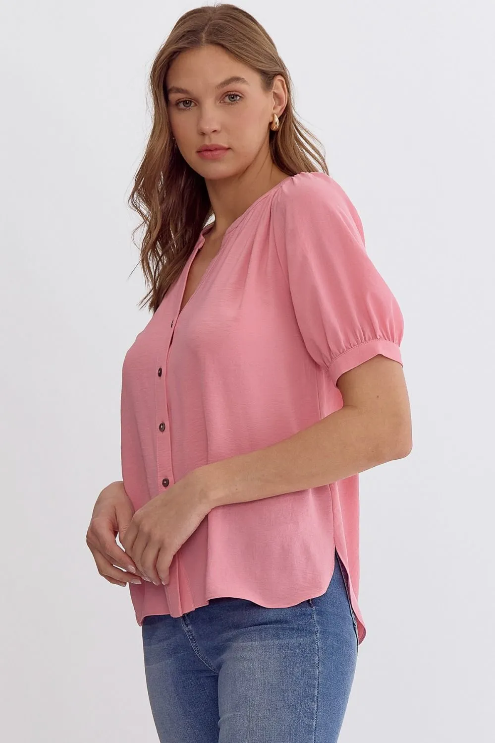 Solid V-Neck Button up Shirt