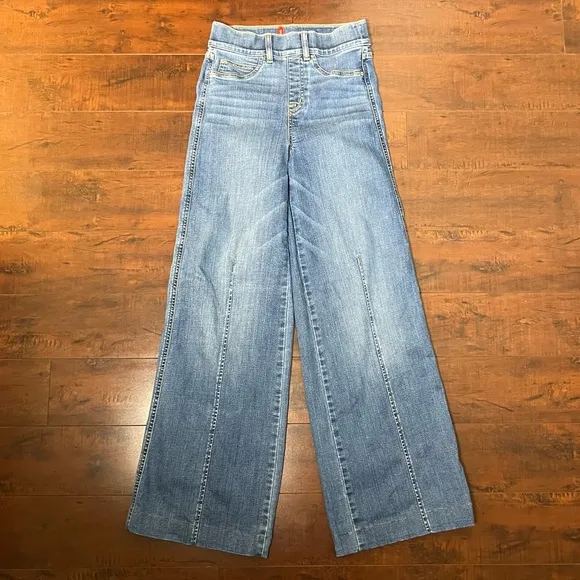 SPANX Wide Leg Pull On Jeans High Rise Blue Denim Vintage Indigo Size XS