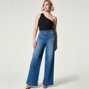 SPANX Wide Leg Pull On Jeans High Rise Blue Denim Vintage Indigo Size XS