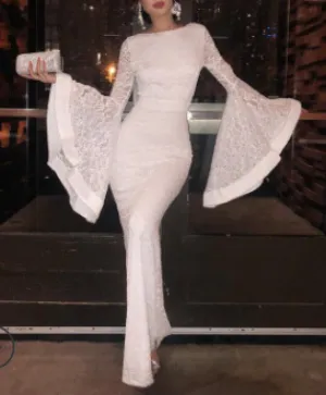 Special Bell Sleeve White Lace Evening Dress