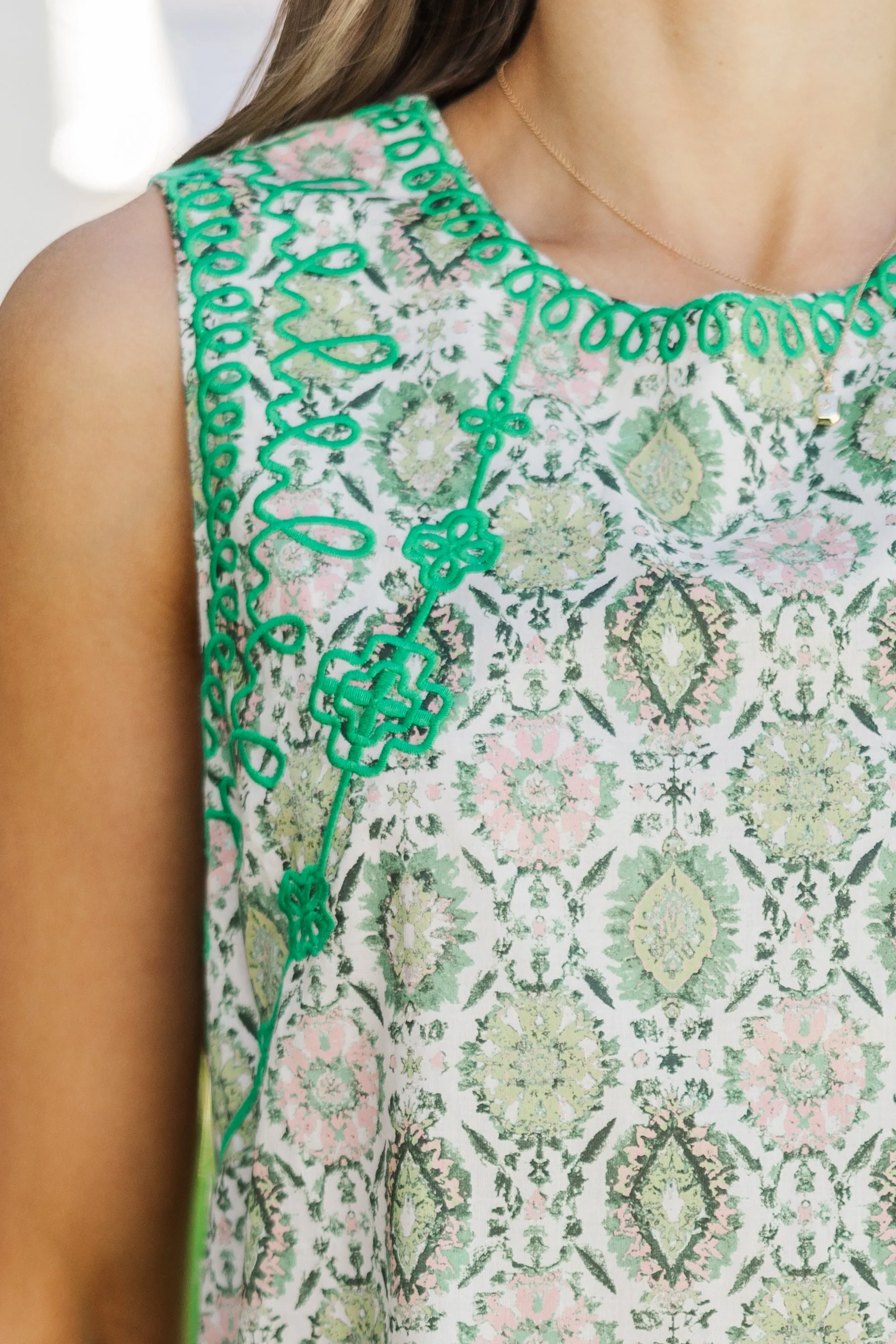 Talk It Out Green Medallion Shift Dress