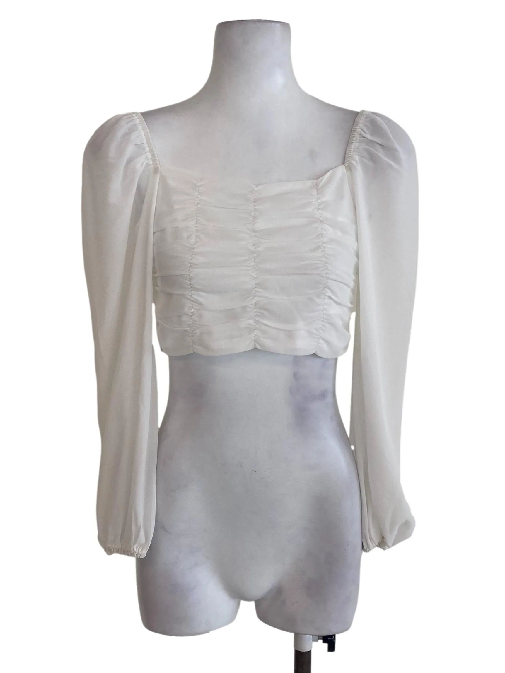 White Long Sleeve Pleated Top