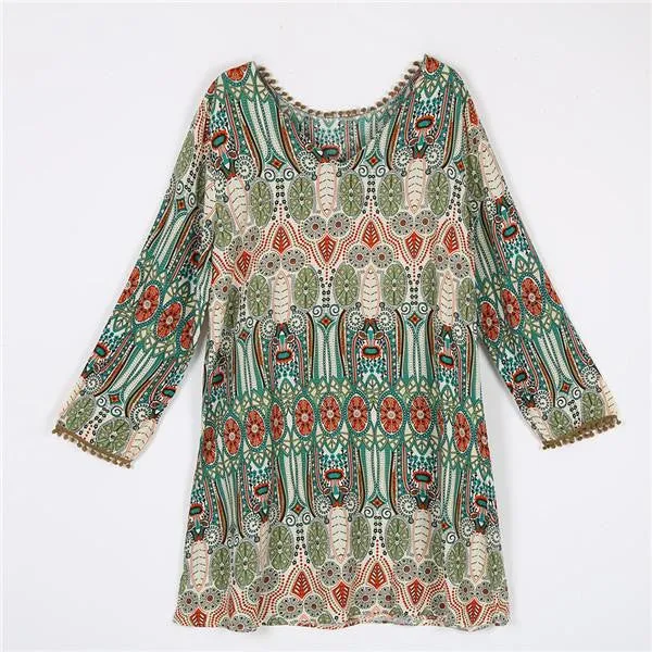 Women Boho Dress Crew Neck Aztec Print V Back Shift Long Sleeve Beach Loose Tunic Dresses