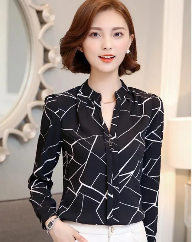 women shirts Chiffon Blouse Printed Long Sleeve Blouse White Striped Blouses Top Shirt
