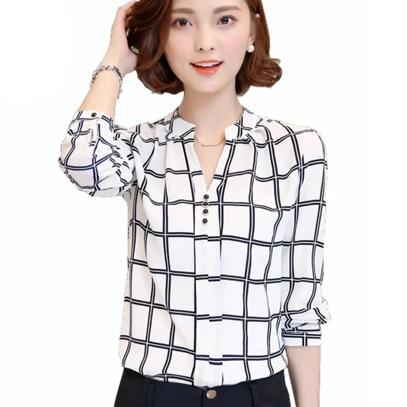 women shirts Chiffon Blouse Printed Long Sleeve Blouse White Striped Blouses Top Shirt