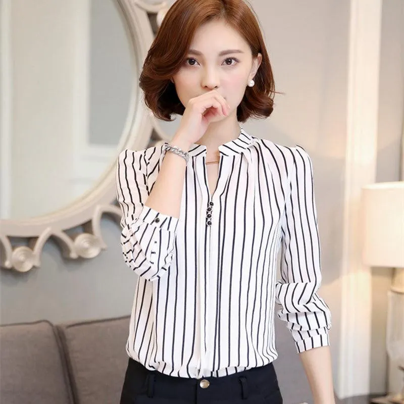 women shirts Chiffon Blouse Printed Long Sleeve Blouse White Striped Blouses Top Shirt