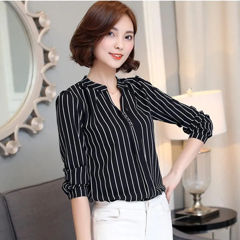 women shirts Chiffon Blouse Printed Long Sleeve Blouse White Striped Blouses Top Shirt