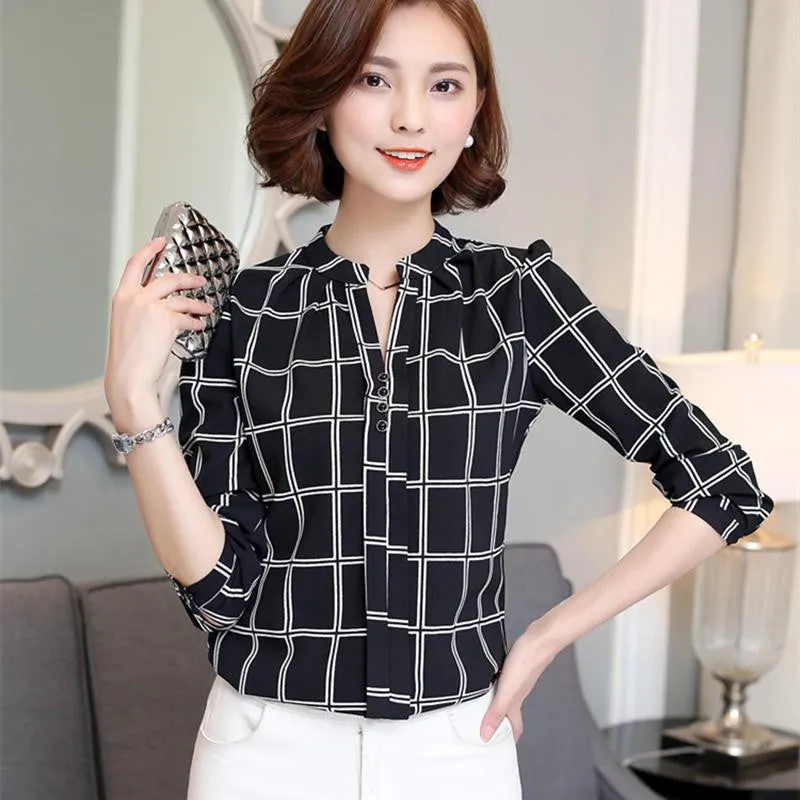 women shirts Chiffon Blouse Printed Long Sleeve Blouse White Striped Blouses Top Shirt
