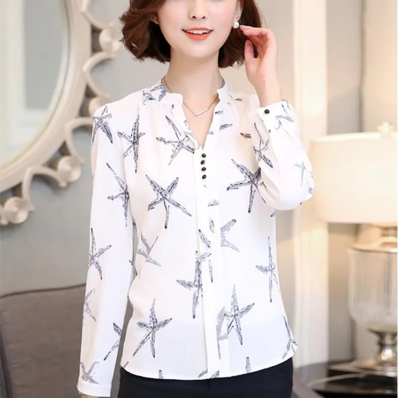 women shirts Chiffon Blouse Printed Long Sleeve Blouse White Striped Blouses Top Shirt