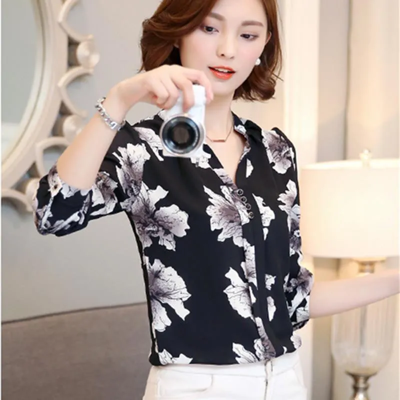women shirts Chiffon Blouse Printed Long Sleeve Blouse White Striped Blouses Top Shirt