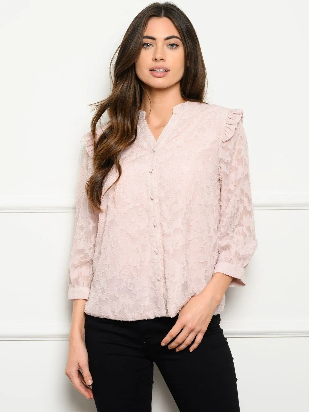 WOMEN'S 3/4 SLEEVE BUTTON LOOP FLORAL TOP