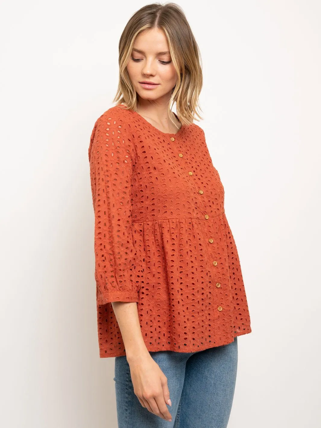 WOMEN'S 3/4 SLEEVES BUTTON UP TOP