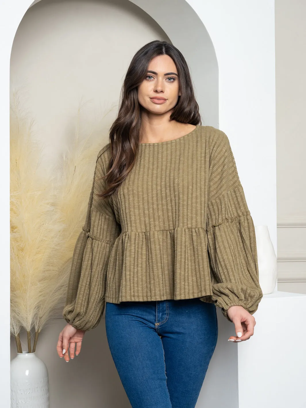 WOMEN'S LONG BALLON SLEEVE BABYDOLL KNIT TIERED TOP