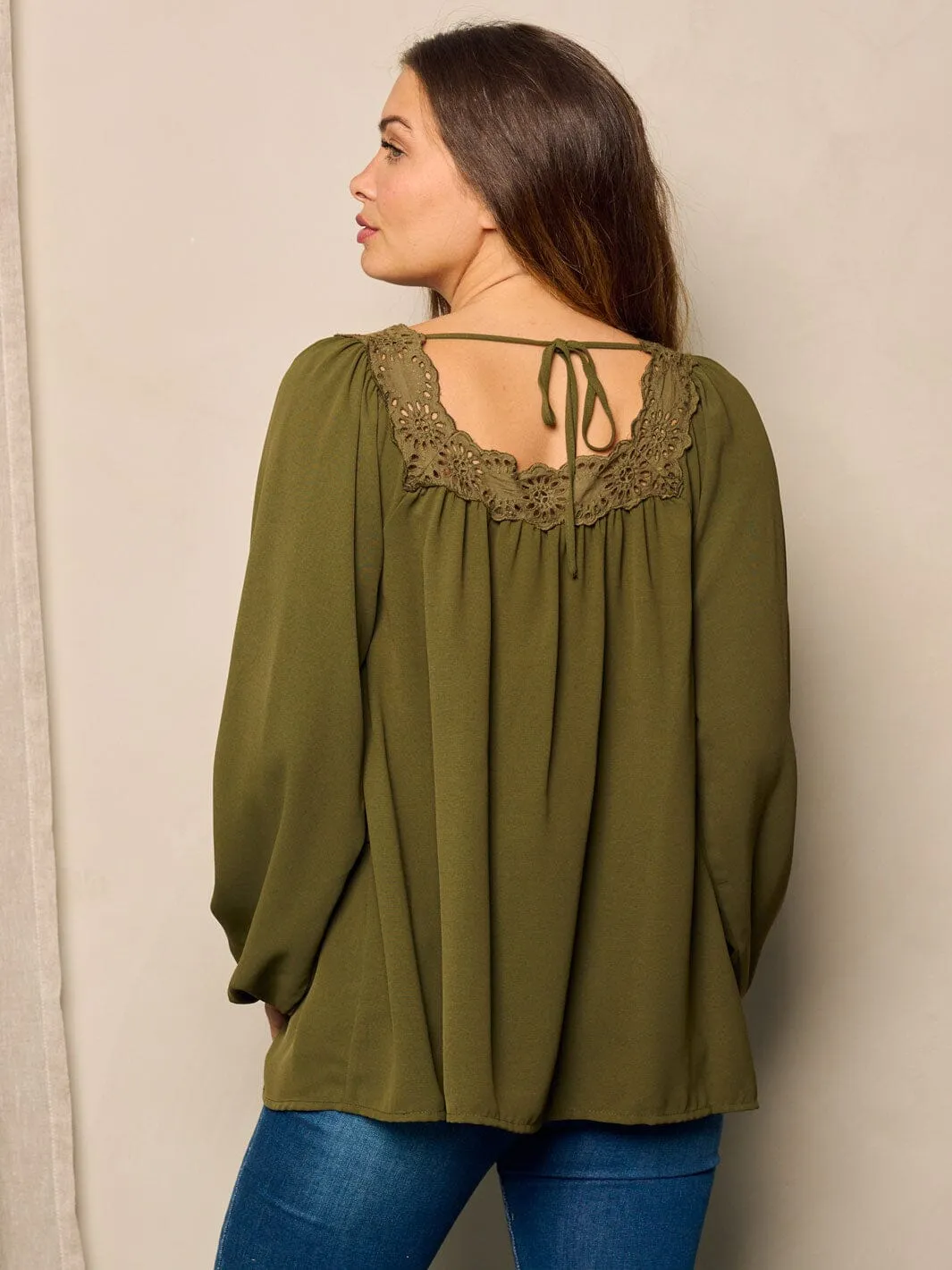 WOMEN'S LONG BALLON SLEEVE  EYELET DEYAILED TUNIC BLOUSE TOP