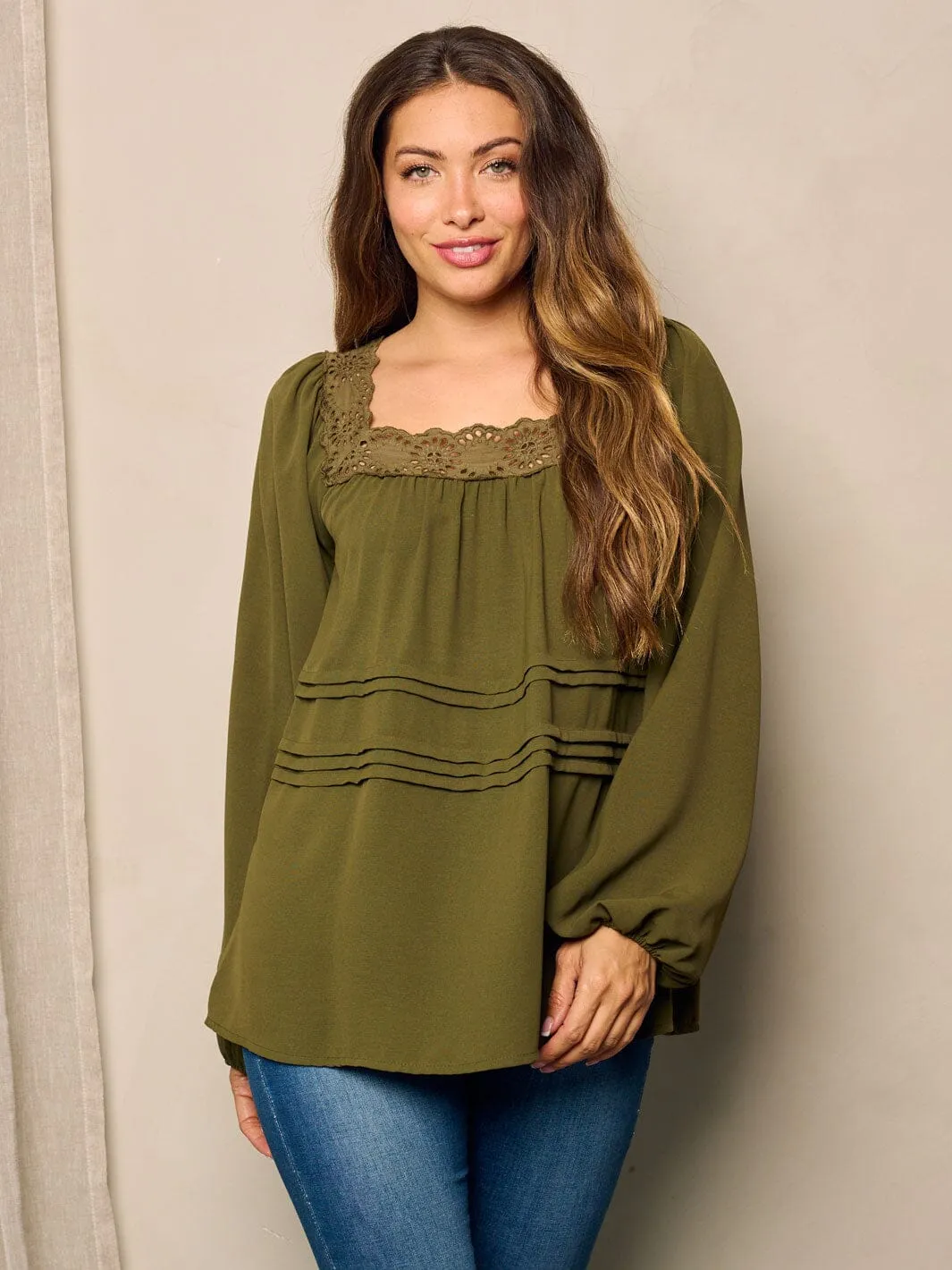 WOMEN'S LONG BALLON SLEEVE  EYELET DEYAILED TUNIC BLOUSE TOP