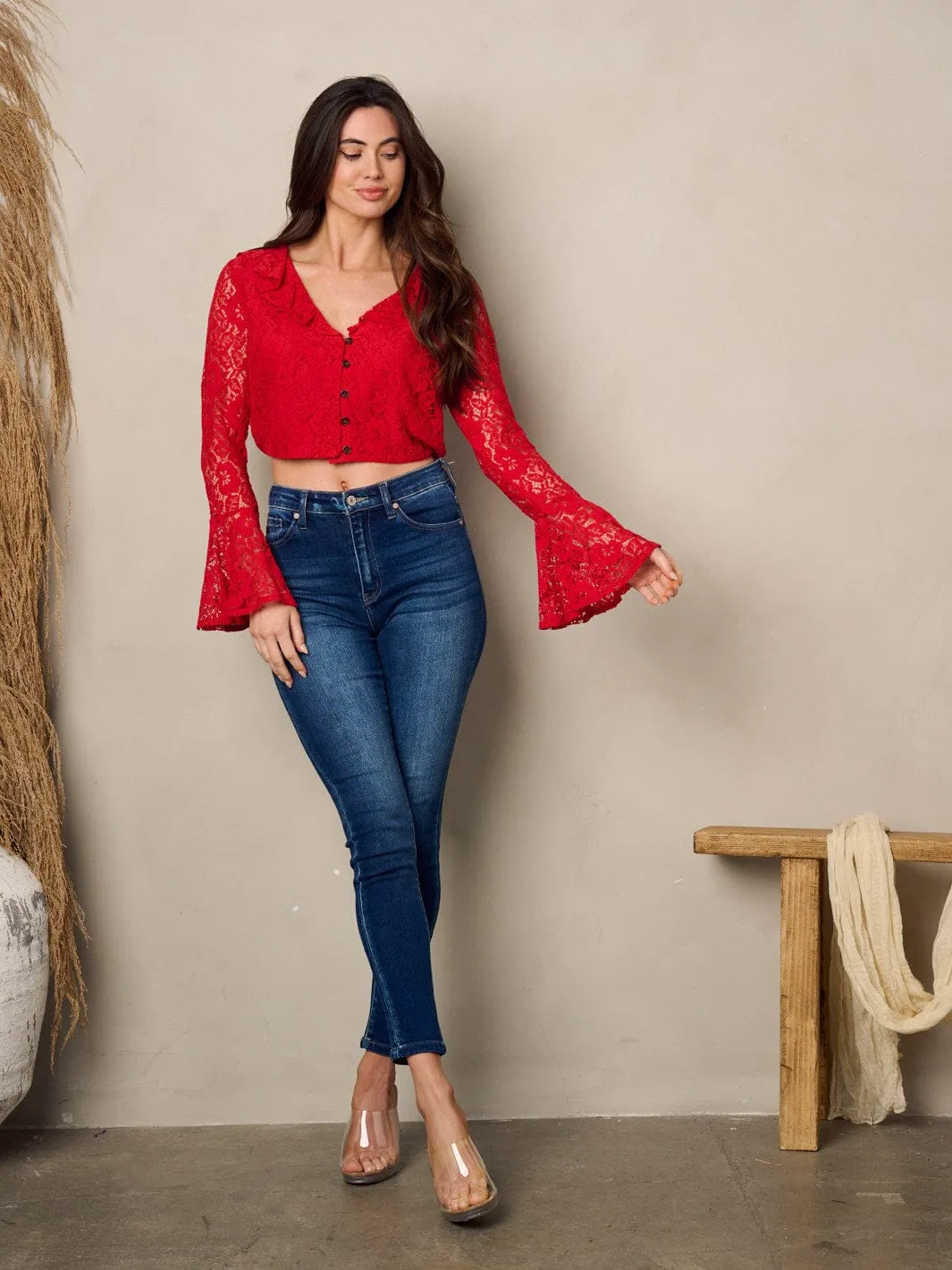 WOMEN'S LONG BELL SLEEVE RUFFLE BUTTON UP CROP TOP
