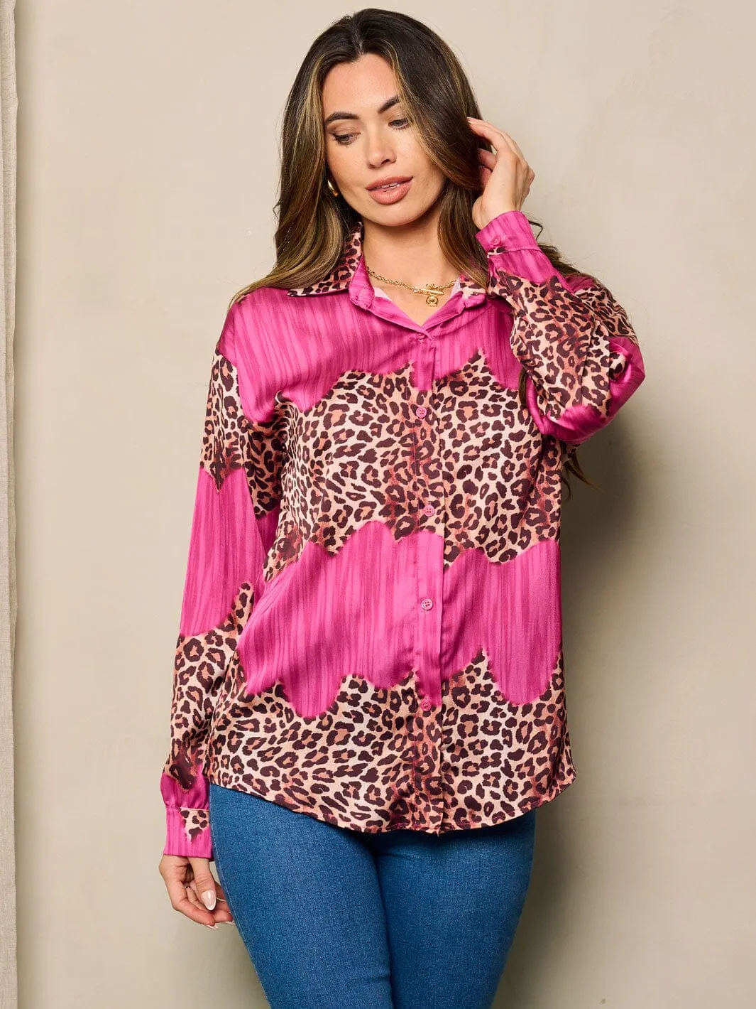 WOMEN'S LONG SLEEVE BUTTON UP ANIMAL PRINT BLOUSE TOP